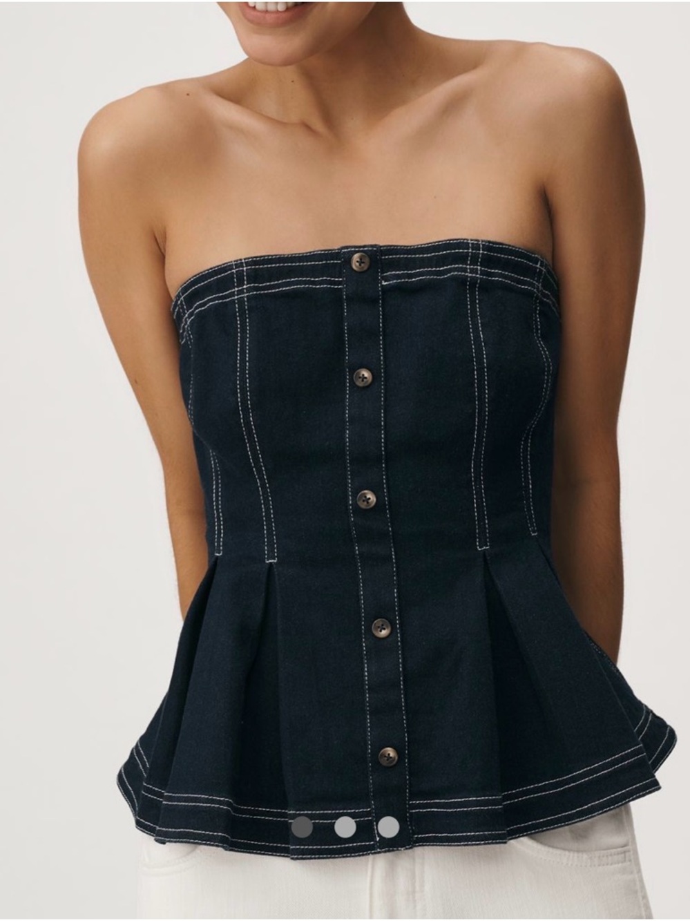 Anthropologie: Pilcro Strapless Dark Denim Button-Front Peplum Top